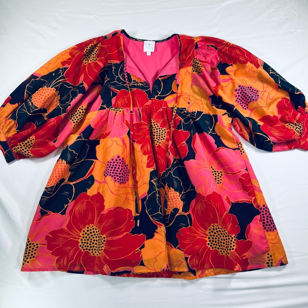 J. Marie Pink and Orange Floral Babydoll Mini Dress with Puff Sleeves.